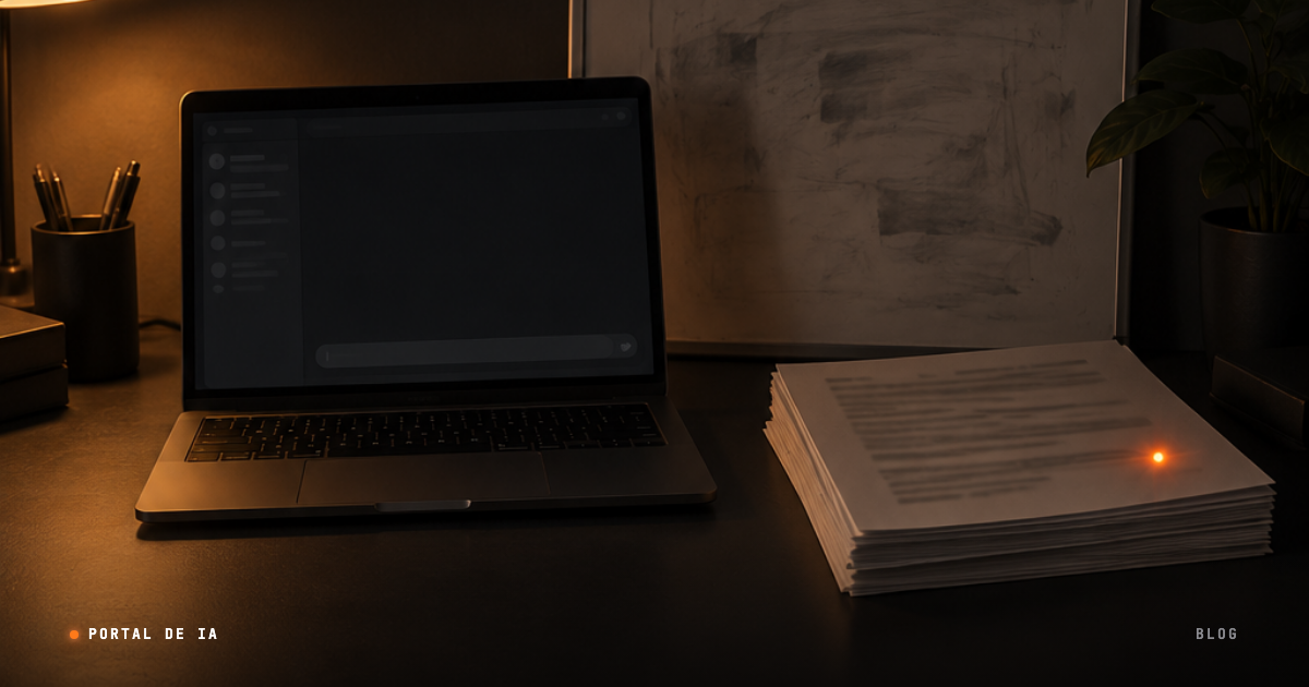 Fotografia escura de uma mesa de trabalho com um notebook aberto e uma pilha de folhas impressas ao lado, com um ponto de luz laranja sobre a folha de cima, representando o texto sobre o negócio escrito uma vez e guardado num lugar fixo