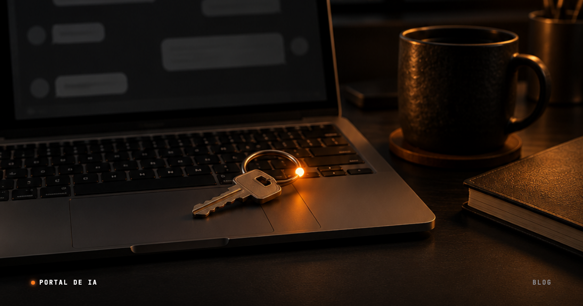 Fotografia escura de uma mesa de trabalho à noite com um notebook aberto mostrando uma conversa desfocada e uma chave de porta largada sobre o teclado, com um ponto de luz laranja na argola do chaveiro, representando o que nunca deveria ser entregue ao chat da IA