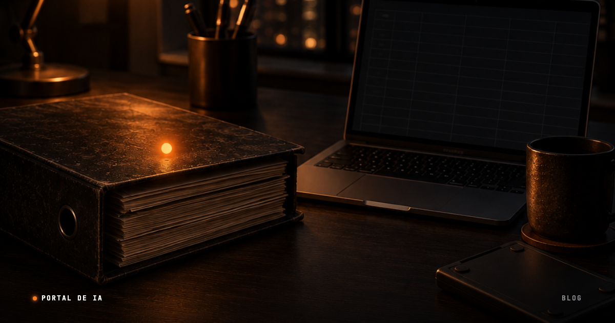 Fotografia escura de uma mesa à noite com um fichário grosso de arquivo, um notebook com uma planilha desfocada e uma caneca, com um ponto de luz laranja sobre a capa do fichário, representando a planilha de cobrança que guarda quem deve